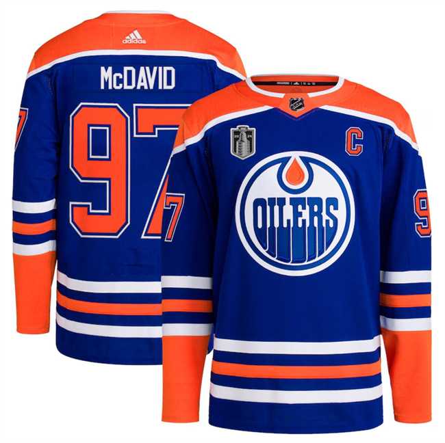 Men%27s Edmonton Oilers #97 Connor McDavid Royal 2024 Stanley Cup Final Patch Stitched Jersey Dzhi